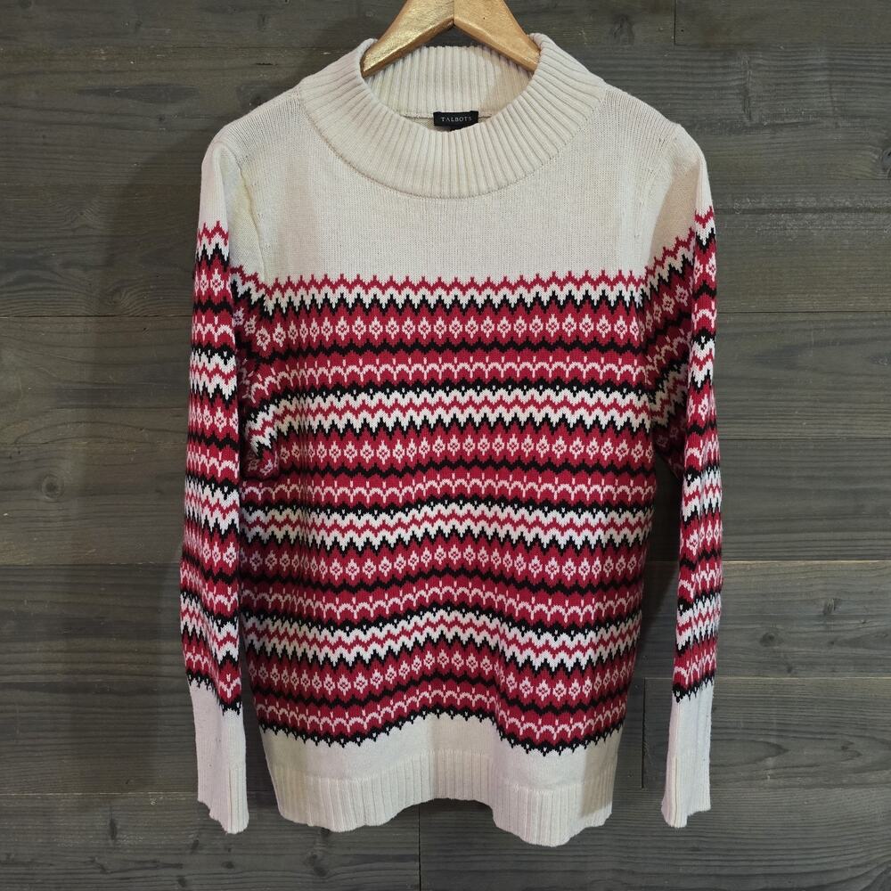 Talbots Fair Isle Sweater Women's Large Thermolite Wool Cotton Ivory Red Black